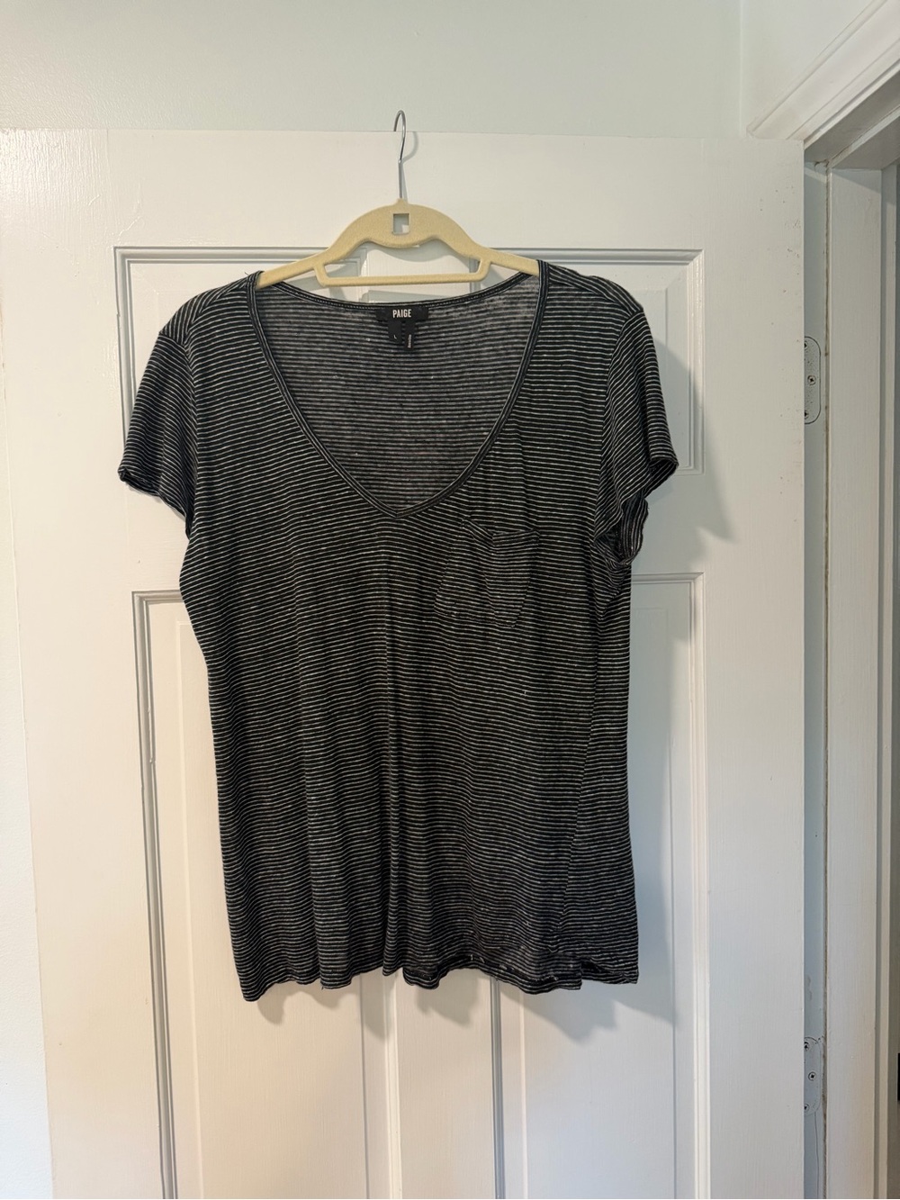 PAIGE Black & White Micro-Stripe V-Neck Pocket Tee